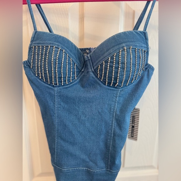 NWT Blue Denim Bodysuit with Beaded Detail - Picture 1 of 8